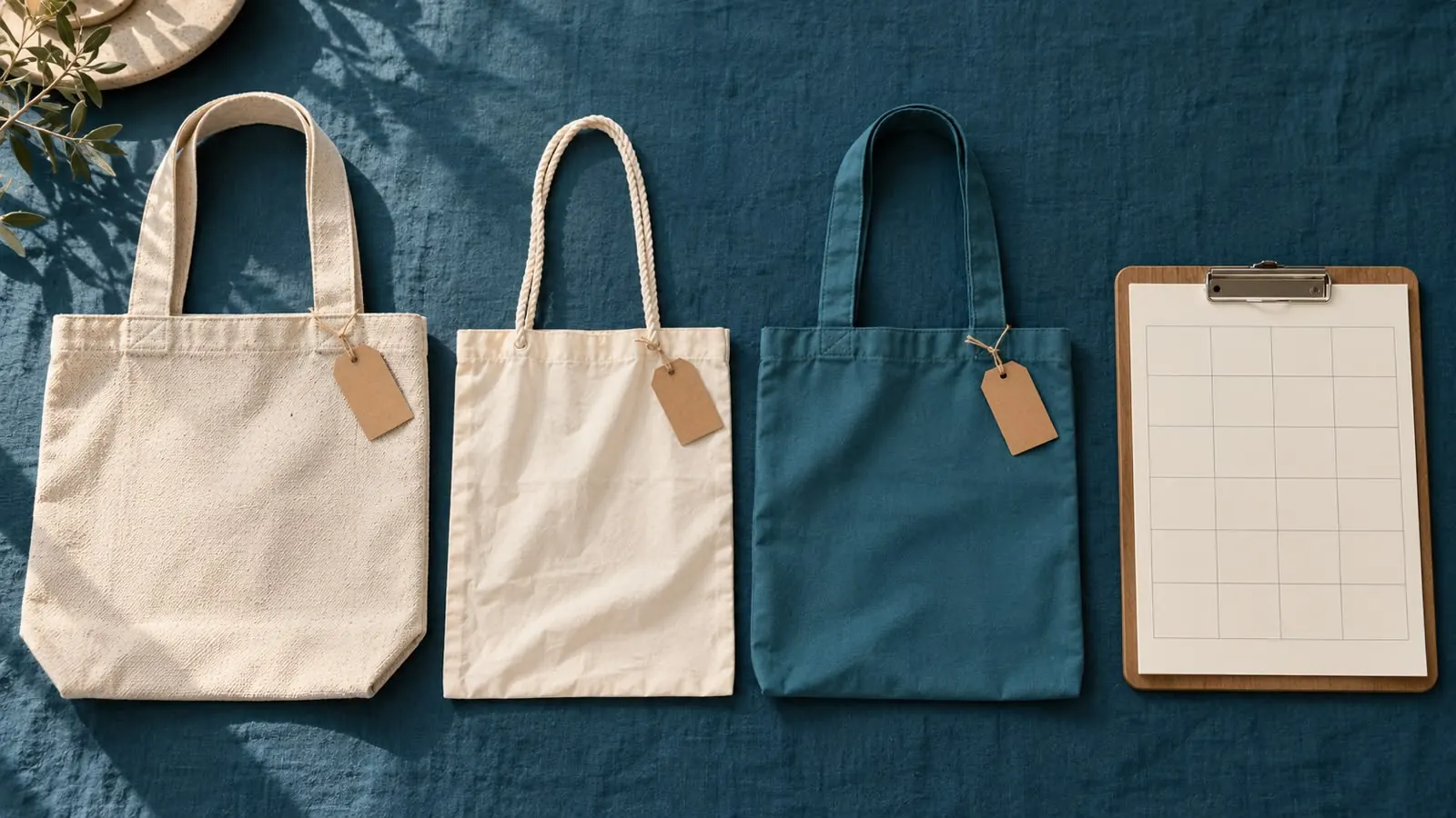 Trois échantillons de sacs en toile comparés côte à côte, avec une grille comparative
