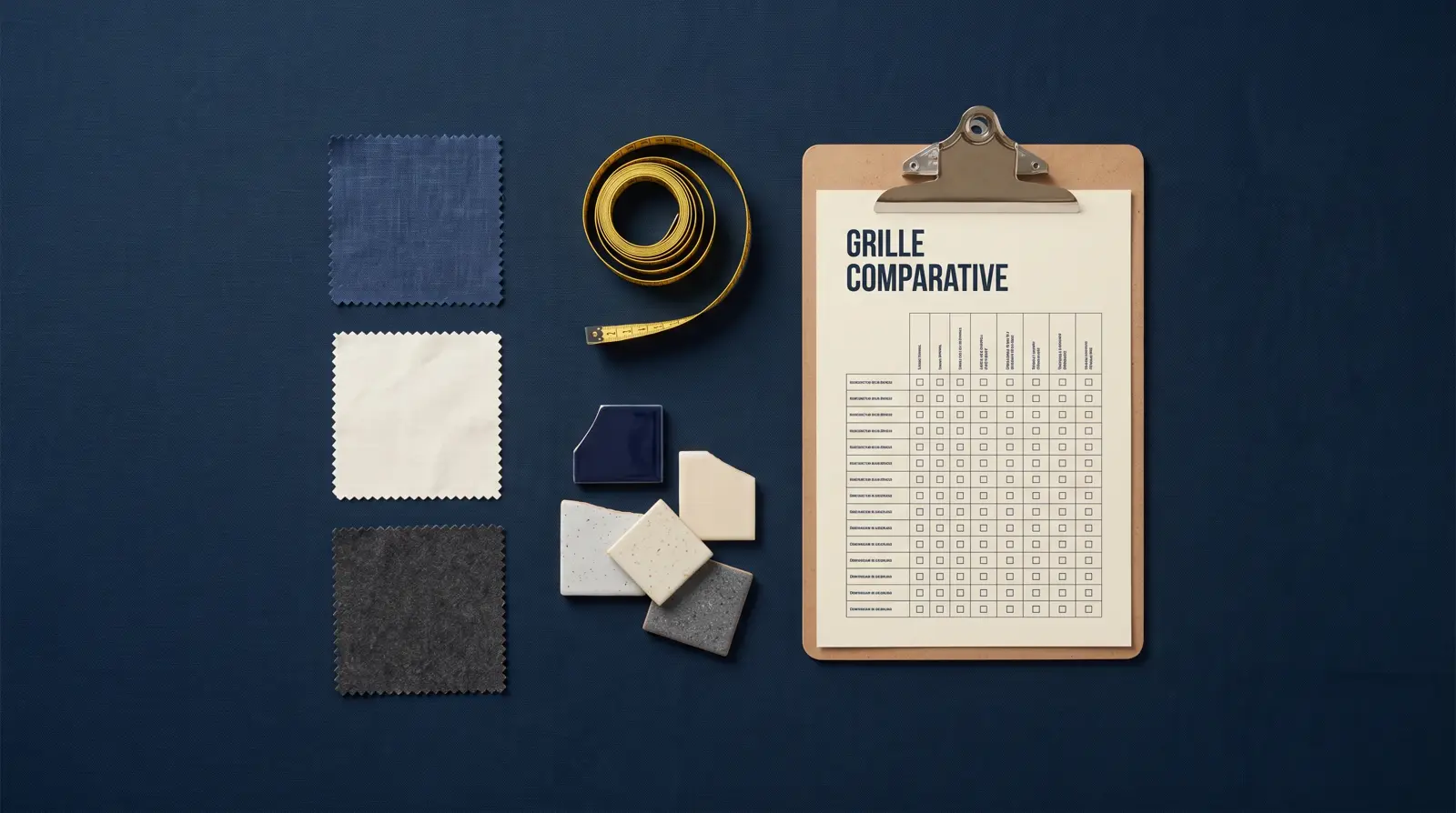 Échantillons de tissus comparés sur une table, avec grille comparative et mètre ruban
