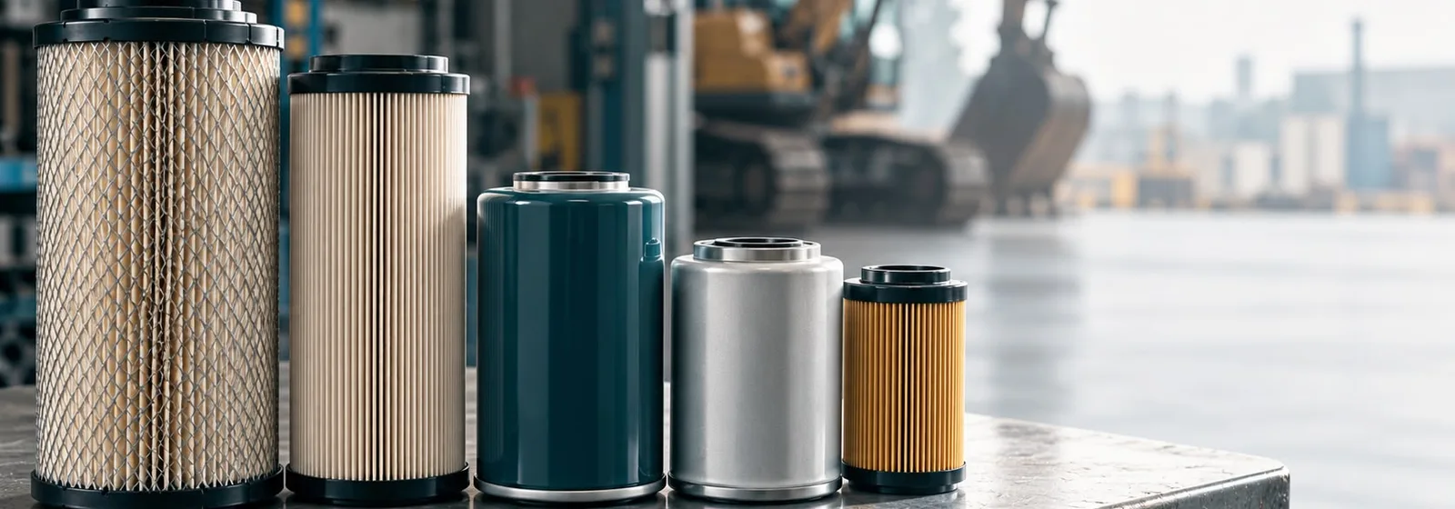 Cinq filtres pour engins de chantier alignés sur un établi : filtres à air, à huile, à carburant et hydraulique, sans marque