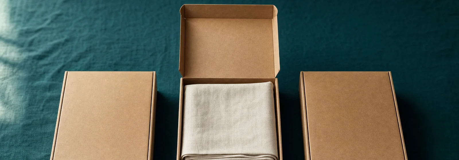 Trois cartons identiques dont un ouvert sur un textile ivoire — les trois options de sourcing
