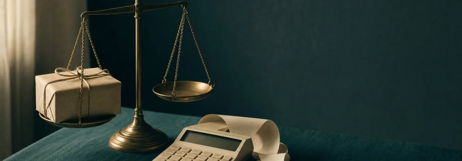 Balance de laiton portant un colis kraft, à côté d'une calculatrice et d'un rouleau de papier