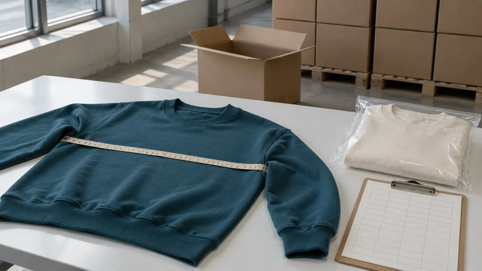 Contrôle avant expédition : deux sweat-shirts sur une table d'inspection, mètre ruban, fiche de contrôle vierge et cartons d'export
