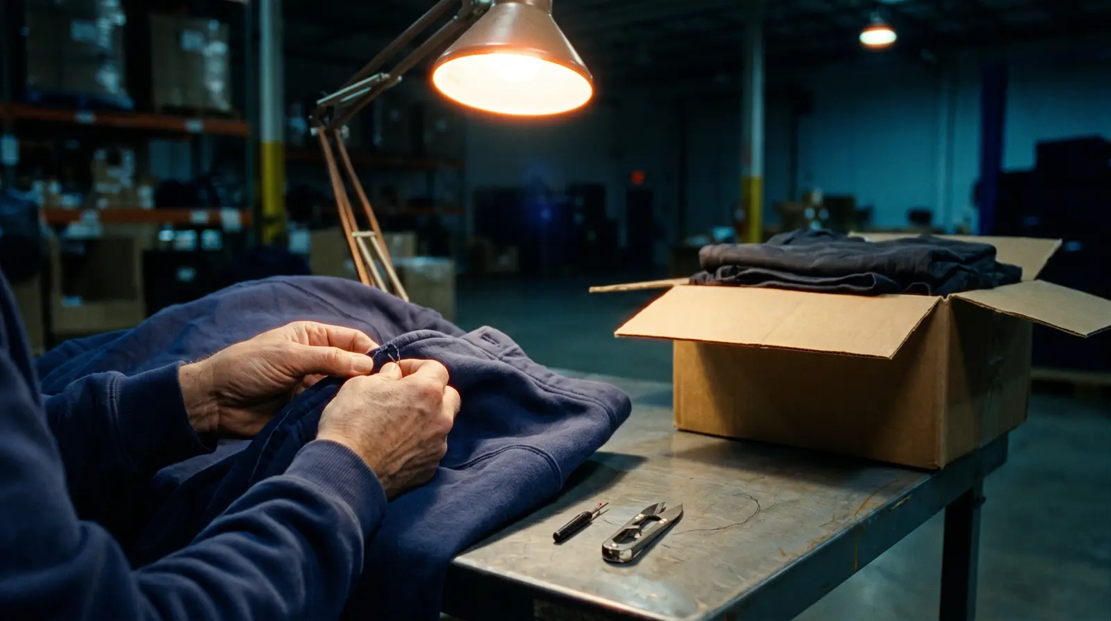 Contrôle qualité : inspection des coutures d'un vêtement sous la lampe, devant un carton ouvert en entrepôt