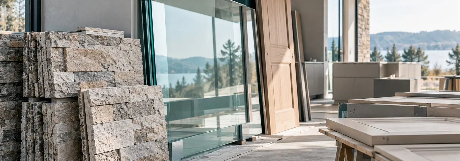 Matériaux de rénovation dans une maison en chantier : panneaux de pierre de parement, garde-corps en verre, porte en bois et façades de cuisine