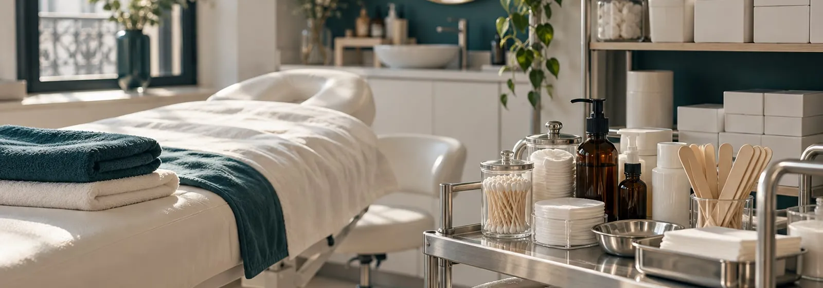 Cabine d'institut de beauté : table de soin, serviettes pliées et chariot de consommables sans marque