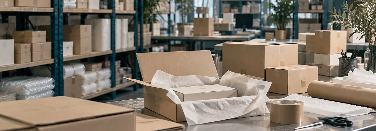Atelier d'expédition e-commerce : étagères de cartons, colis en préparation avec papier de soie et ruban adhésif kraft