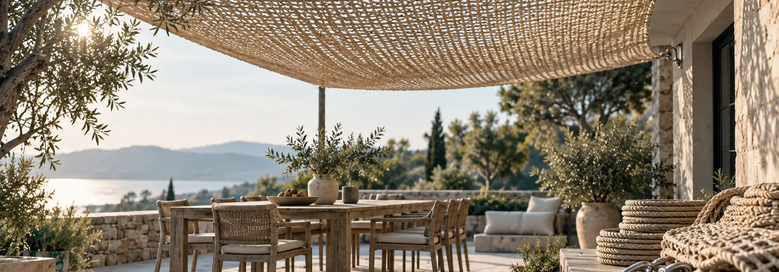 Filet d'ombrage en corde tendu au-dessus d'une table de terrasse, cordes et manilles inox posées sur un muret